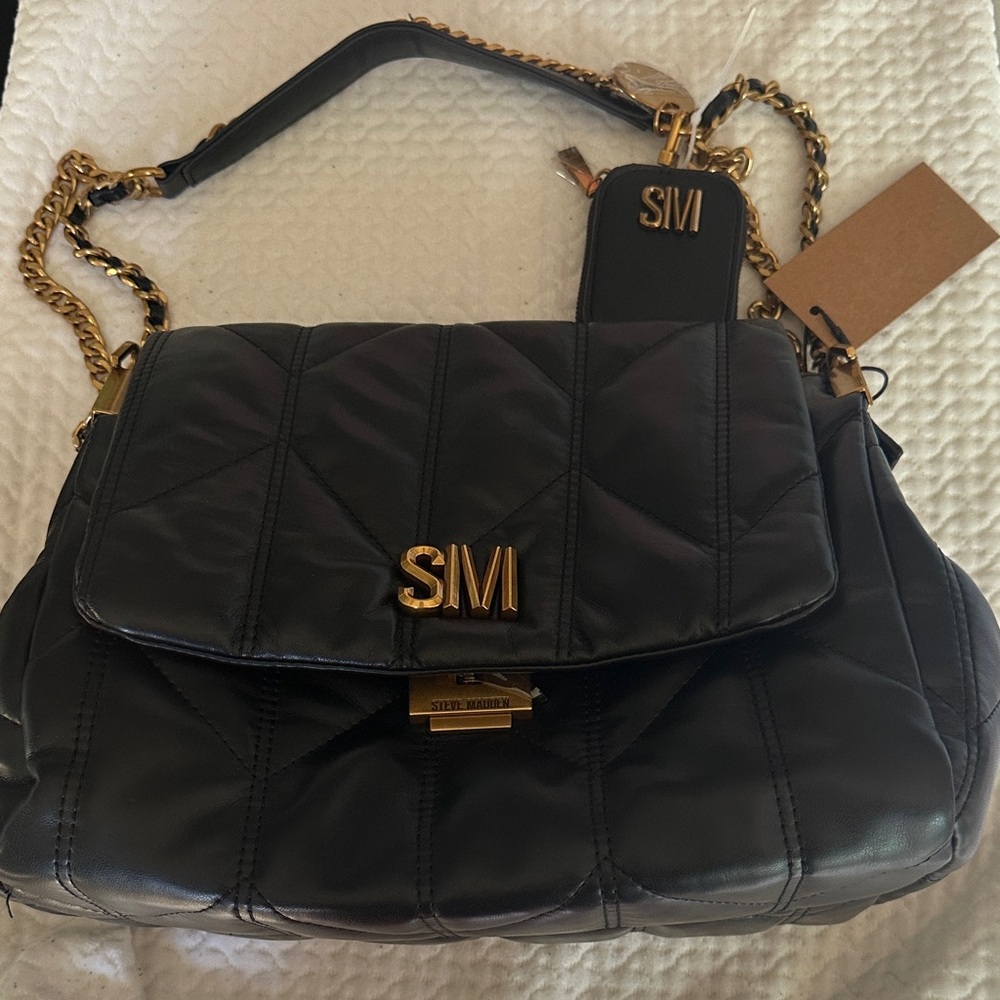 Steve Madden Black Quilted Shoulder Bag with Gold Accents